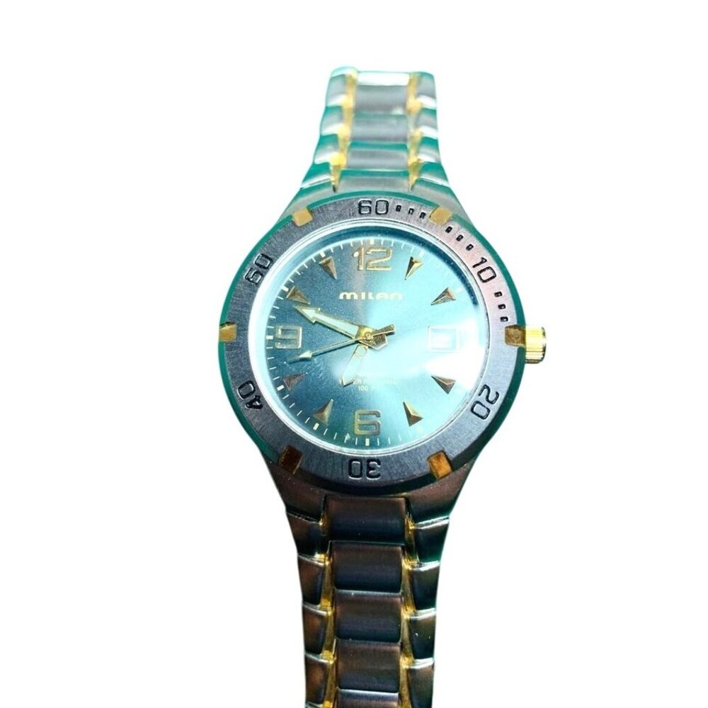 Milan Mens Two-Tone Stainless Steel Quartz Watch Blue Dial 100M Water Resistant